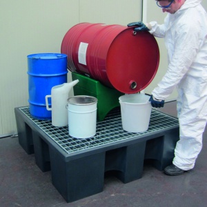 TUFF Polythene Sump Pallet For 4 Drums in use