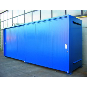 Storage Cabinets for 16 or 24 Drums with spill collection tank and sliding doors