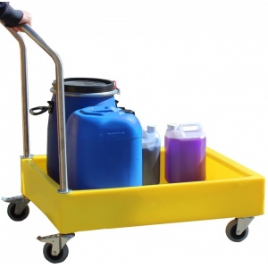 Polythene drum Sump Trolley with handle and 100 litre bund with brake wheels