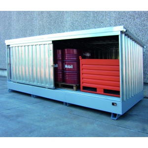 Galvanized Storage Container  with collection tank for Drums on Europallets and sliding doors