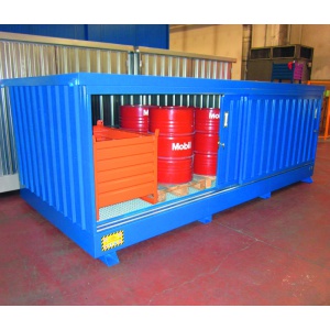 Galvanized Storage Container  with collection tank for Drums on Europallets and then painted