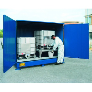 Transfer stand for Thermally Insulated Storage Sump Cabinet for 2 IBCs