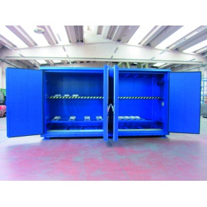 Storage Cabinets for 16 or 24 Drums with spill collection tank with hinged doors