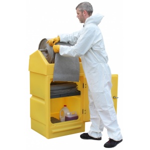 Polyethylene Work Stand with Absorbent Roll Dispenser & Door PDSD in use