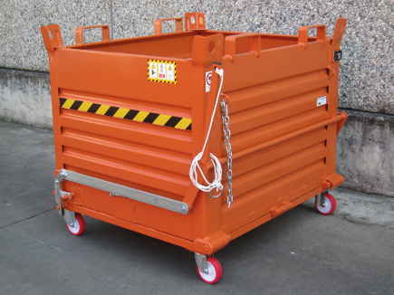 picture of drop bottom skip showing pull cord and forklift attachment