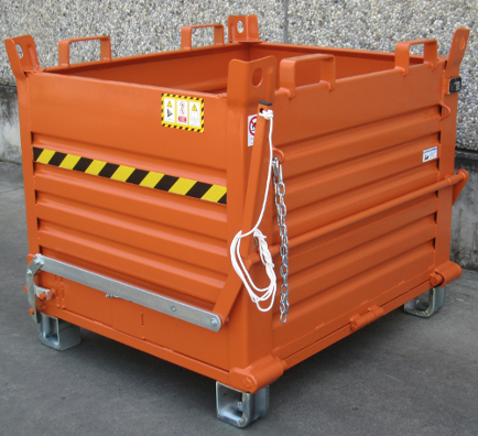 picture of drop bottom skip showing pull cord and forklift attachment